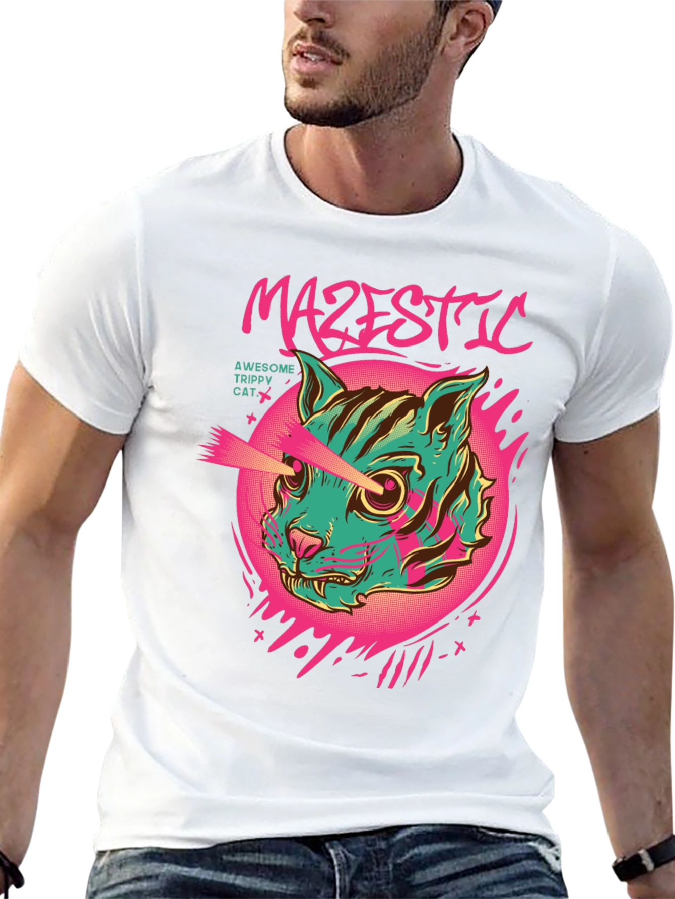 Majestic Trippy Cat Graphic Tee - Laser Eyes!