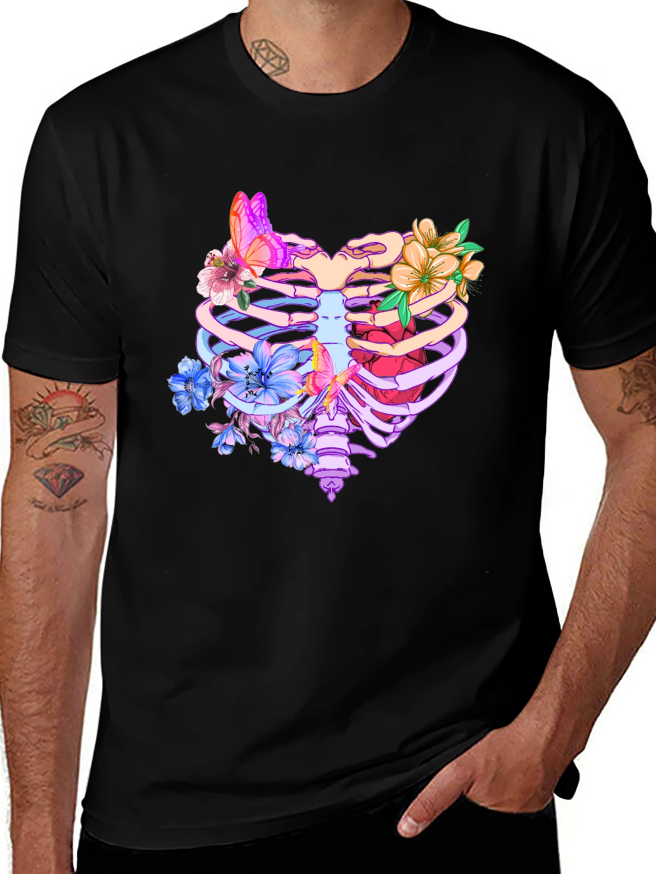 Floral Rib Cage Graphic Tee - Black