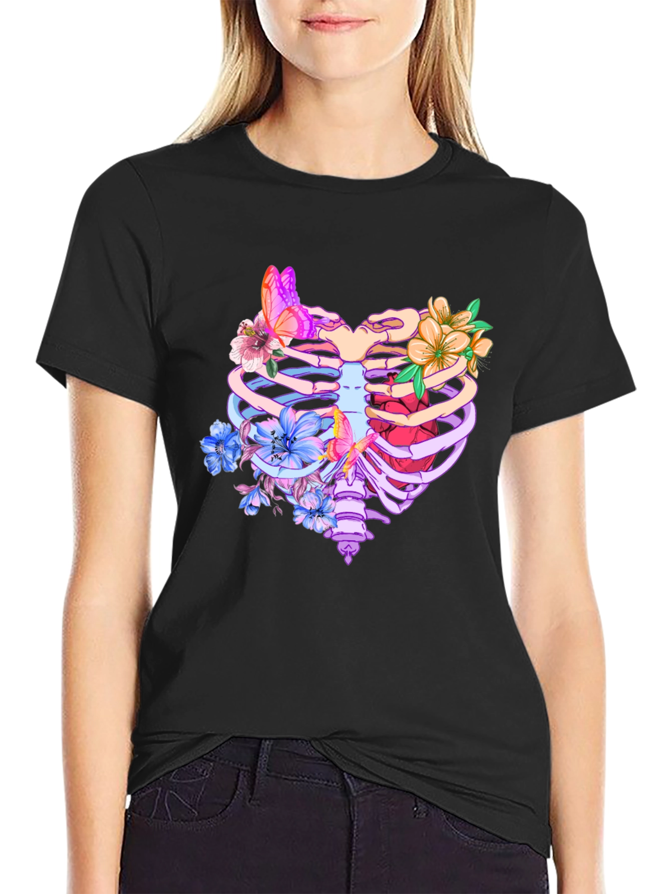Floral Rib Cage Graphic Tee - Black