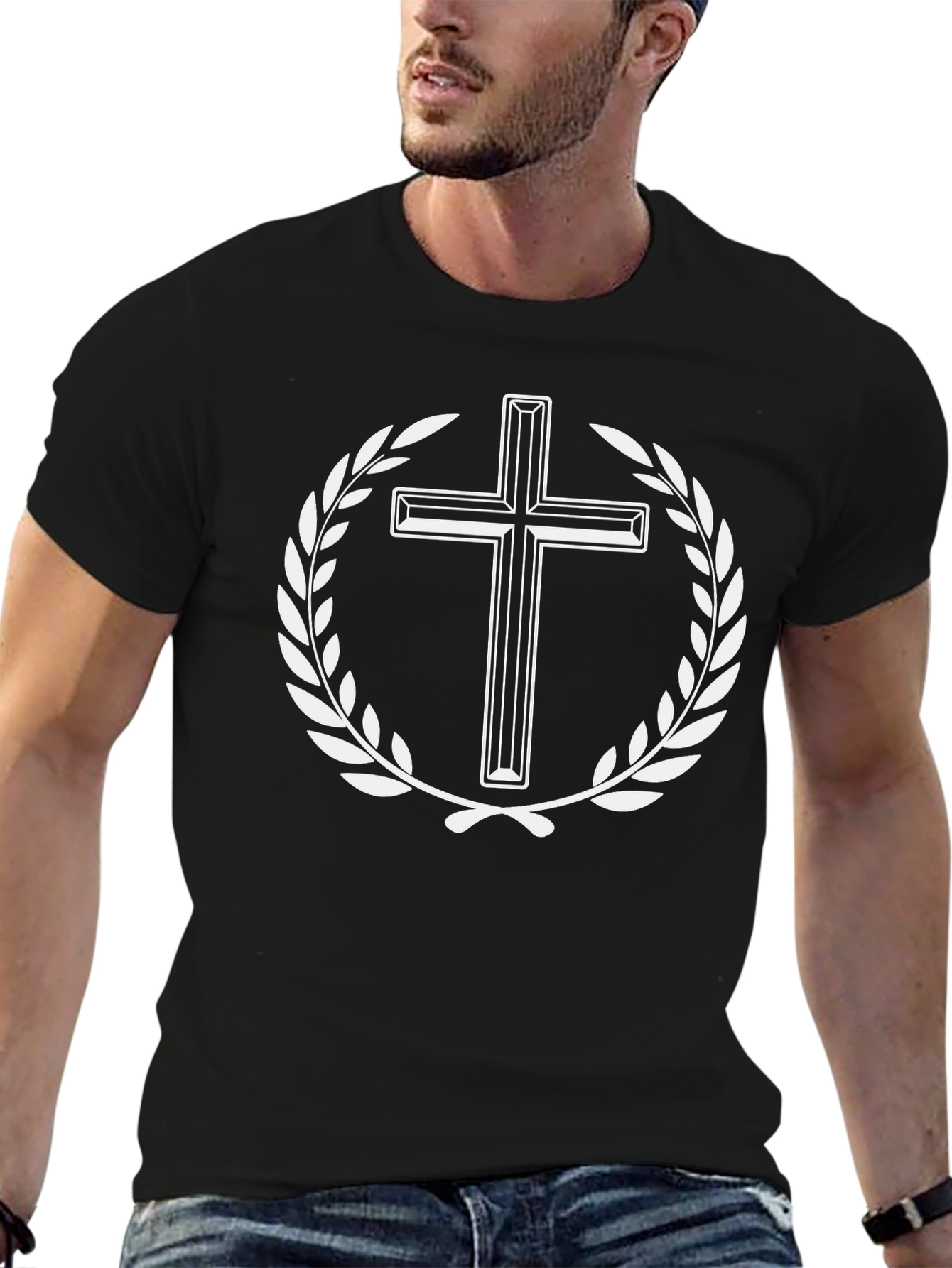 Cross Wreath Graphic Tee - Black Cotton Blend