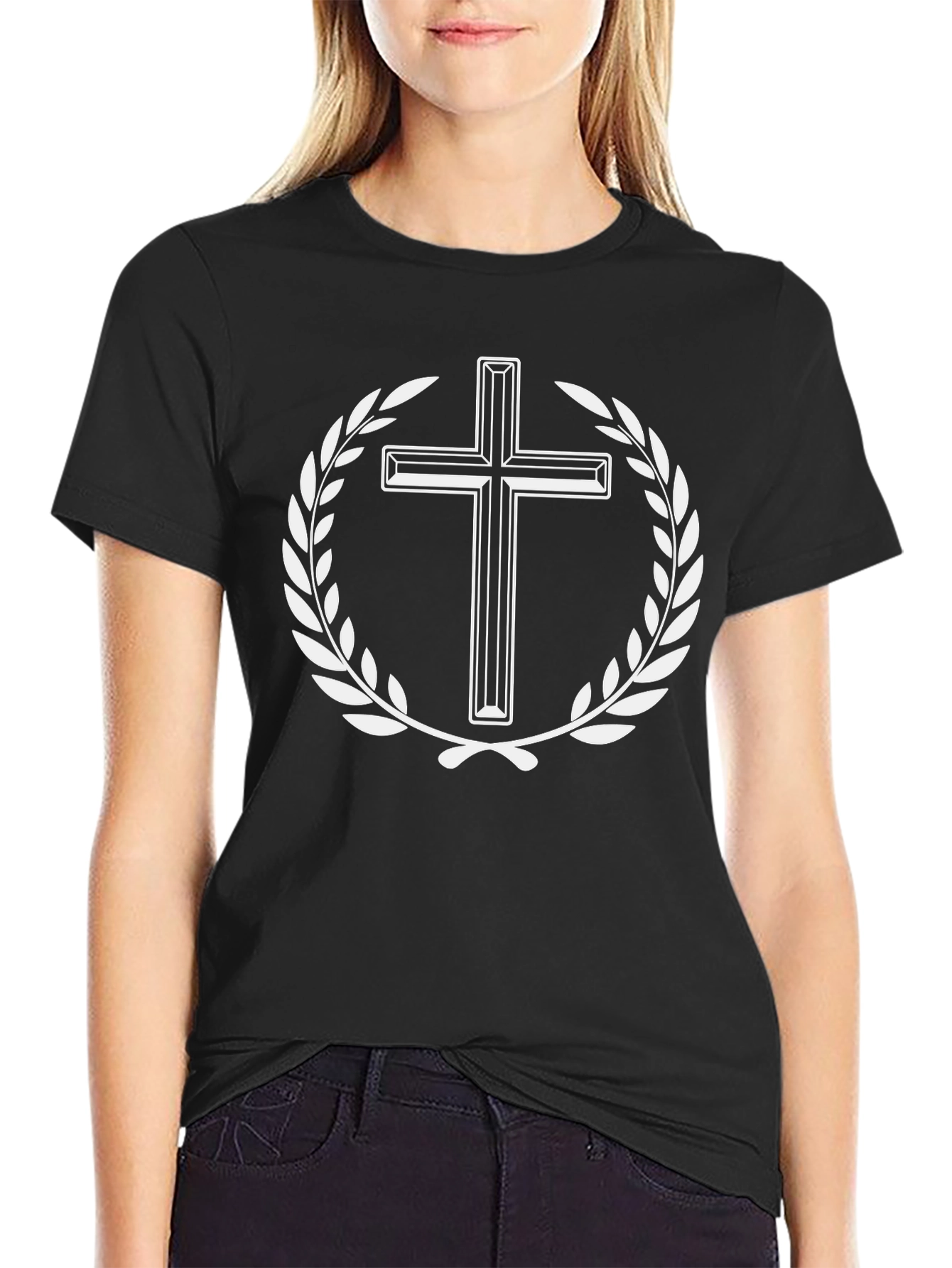Cross Wreath Graphic Tee - Black Cotton Blend