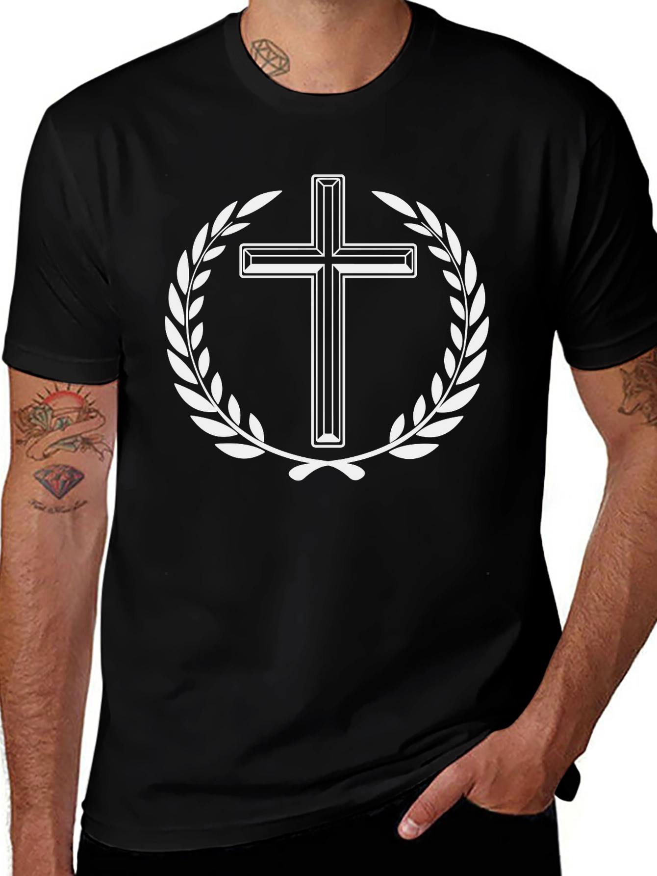 Cross Wreath Graphic Tee - Black Cotton Blend