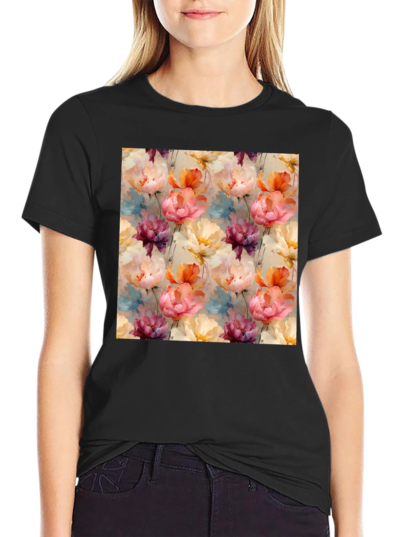 Floral Print Mens Black T-Shirt