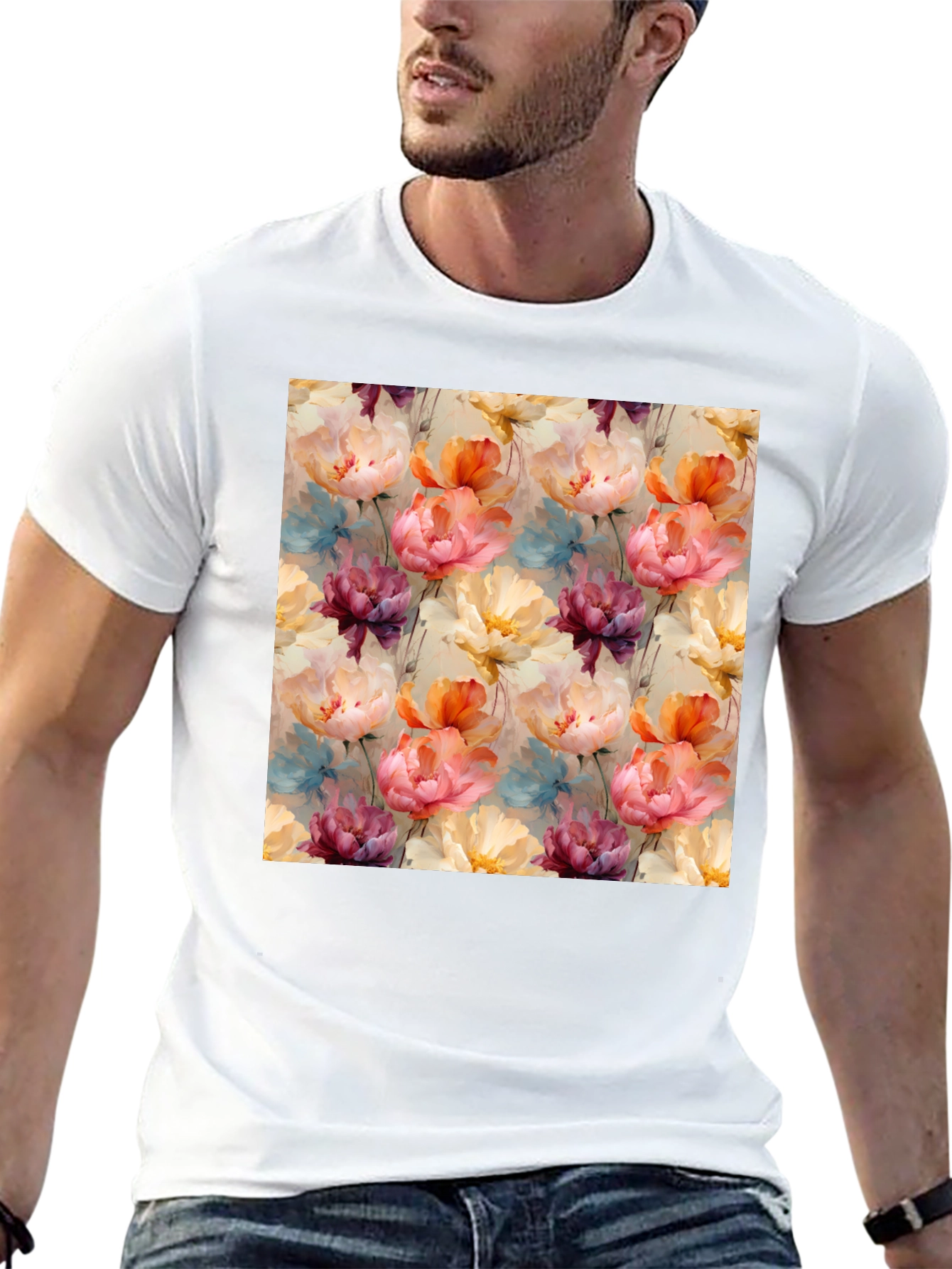 Floral Print Mens Black T-Shirt