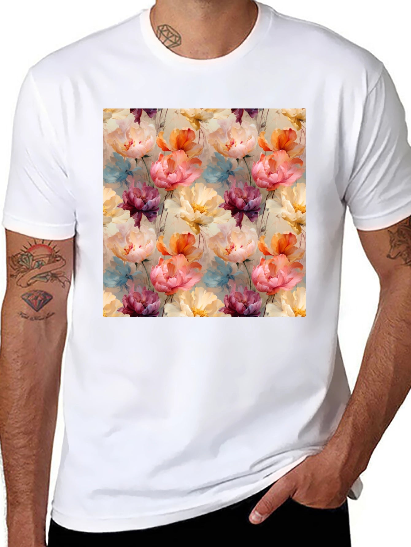 Floral Print Mens Black T-Shirt