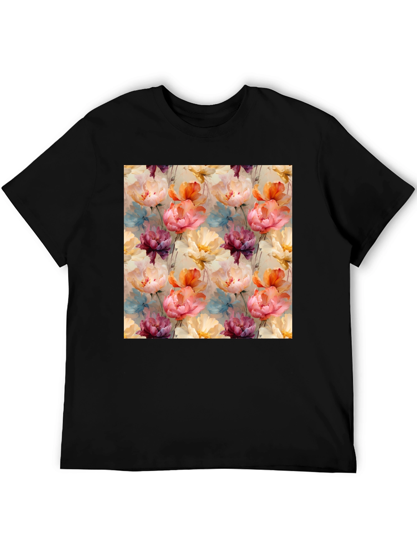 Floral Print Mens Black T-Shirt
