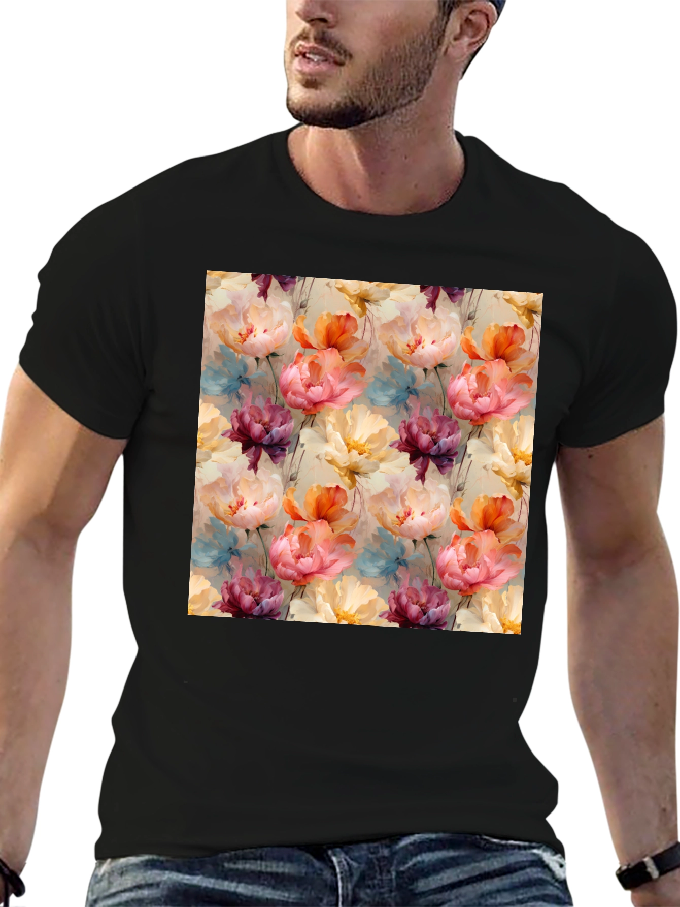 Floral Print Mens Black T-Shirt