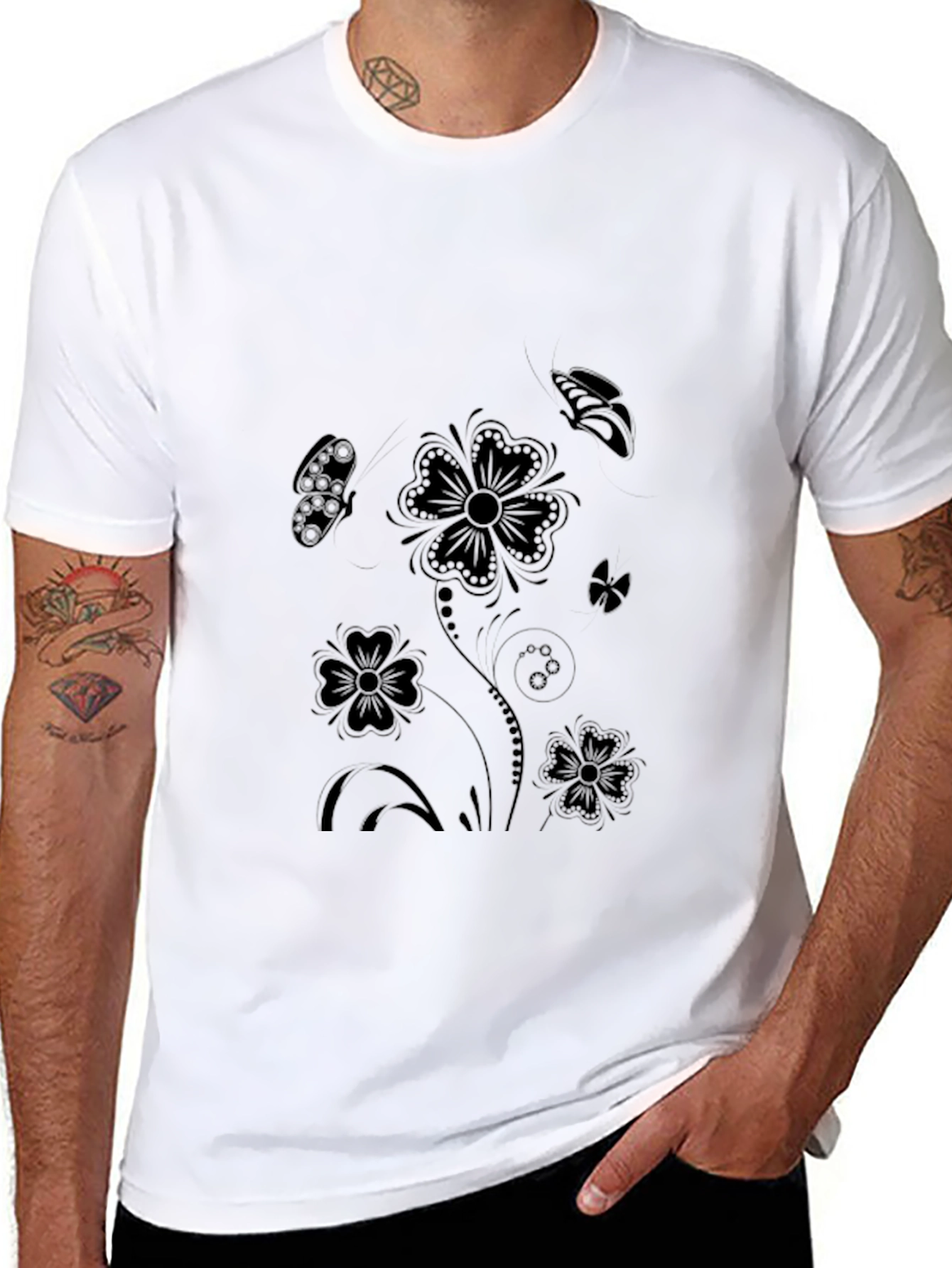 Black Floral Graphic Print Mens T-Shirt