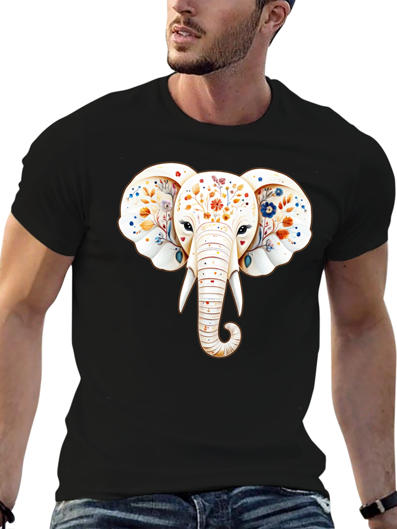Floral Elephant Graphic Black T-Shirt
