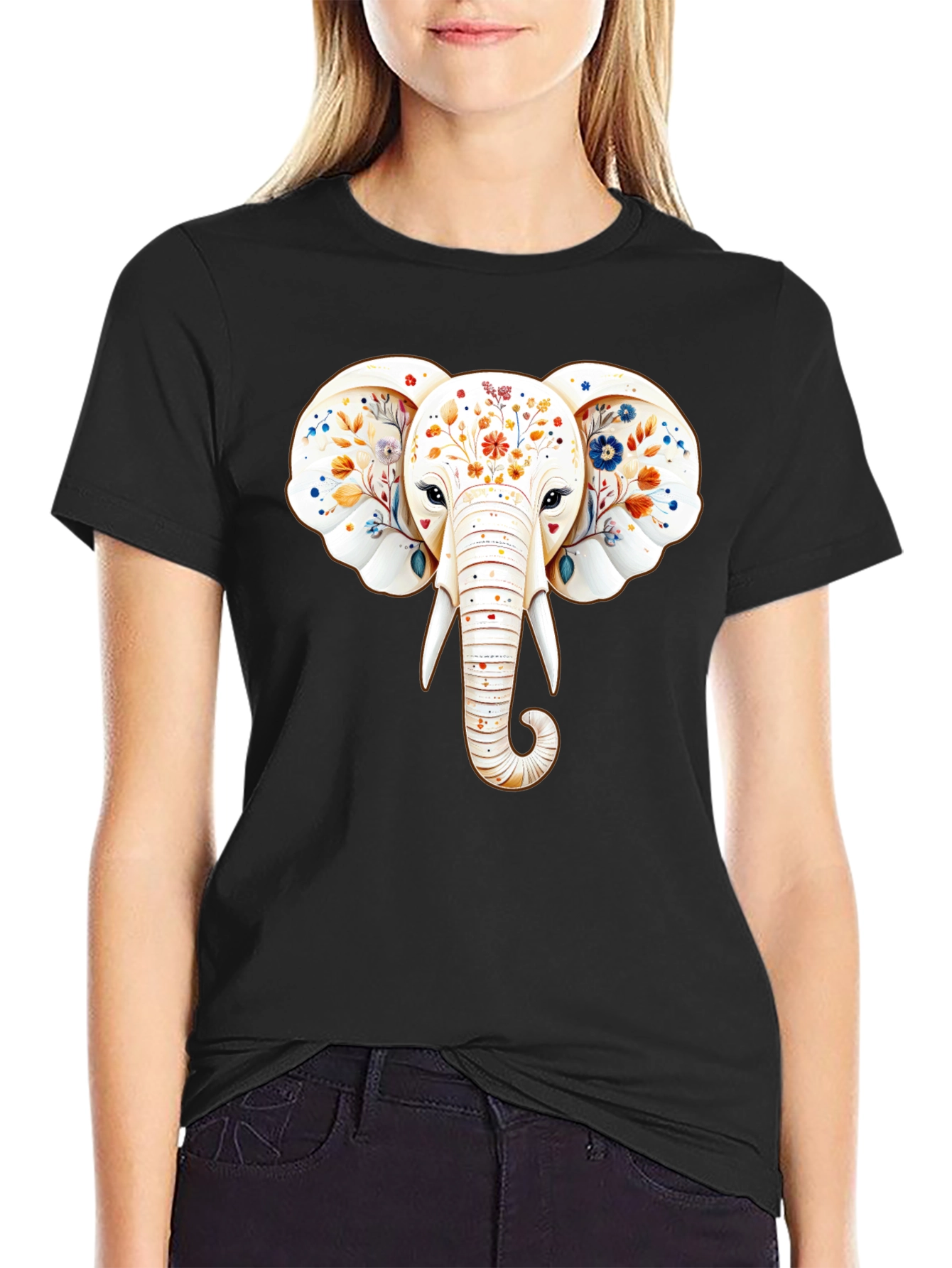 Floral Elephant Graphic Black T-Shirt