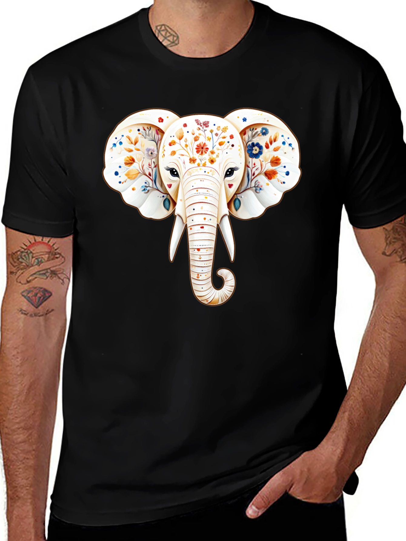 Floral Elephant Graphic Black T-Shirt