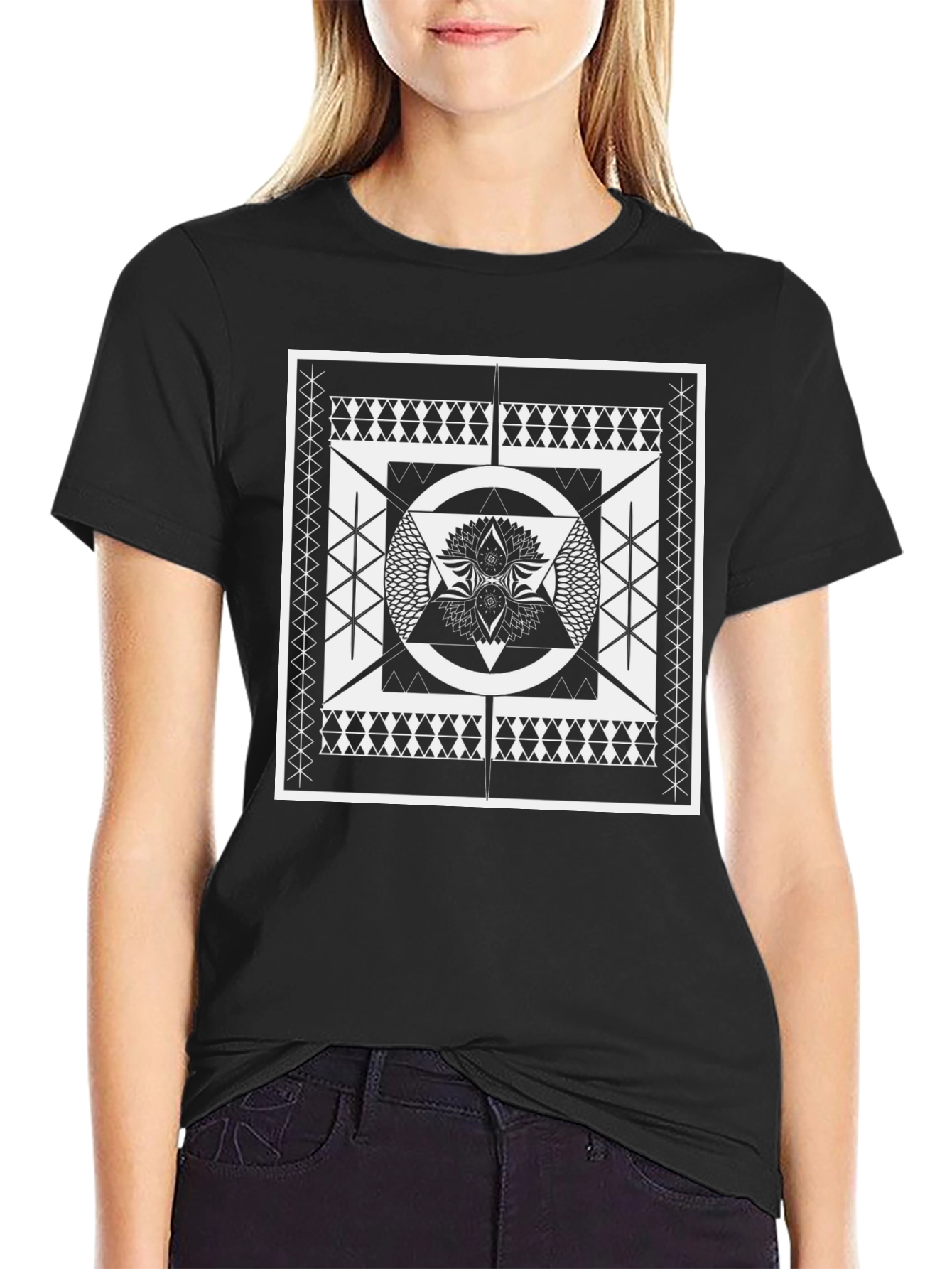 Geometric Black Tee with Intricate Design