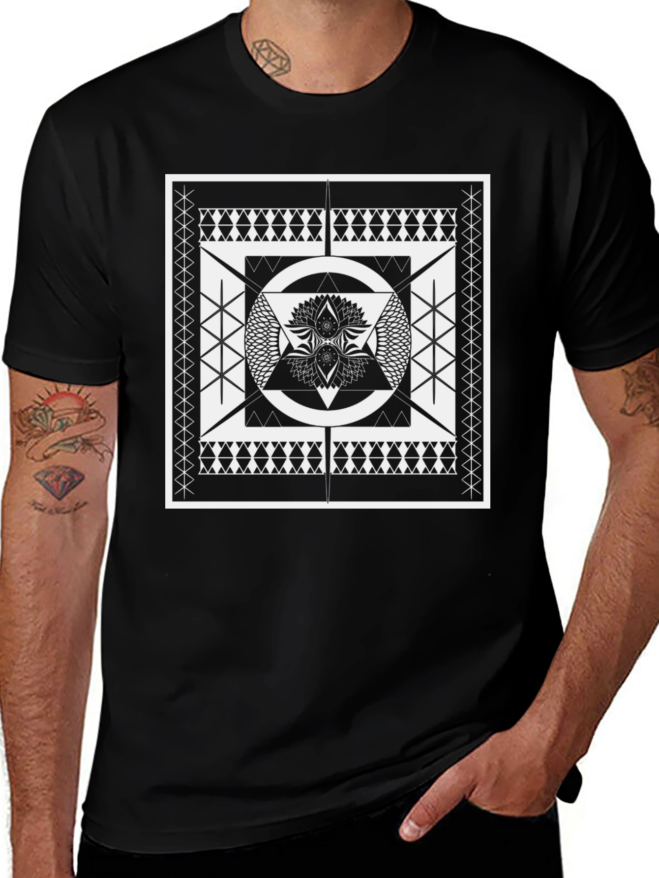 Geometric Black Tee with Intricate Design
