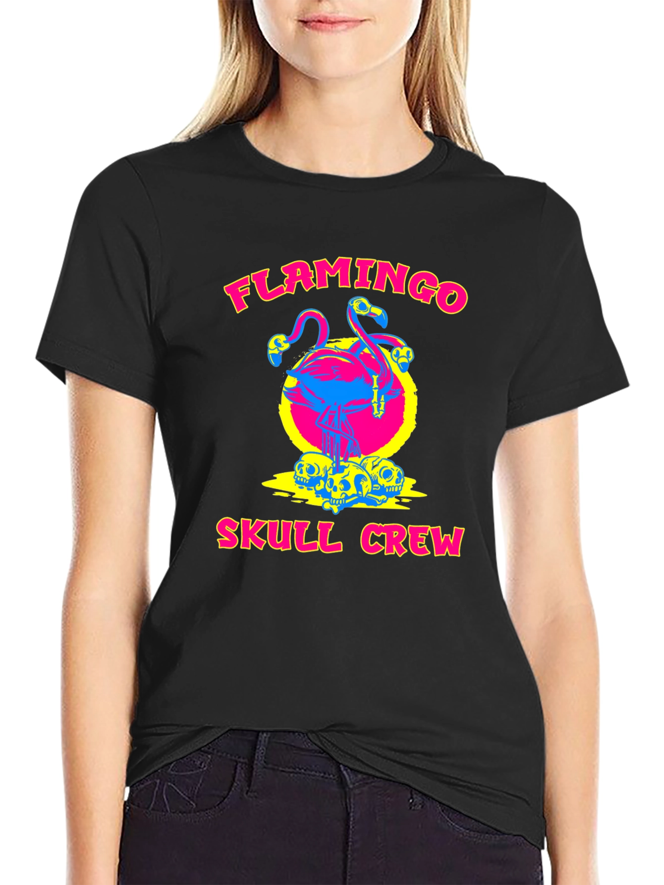 Flamingo Skull Crew Black Graphic Tee