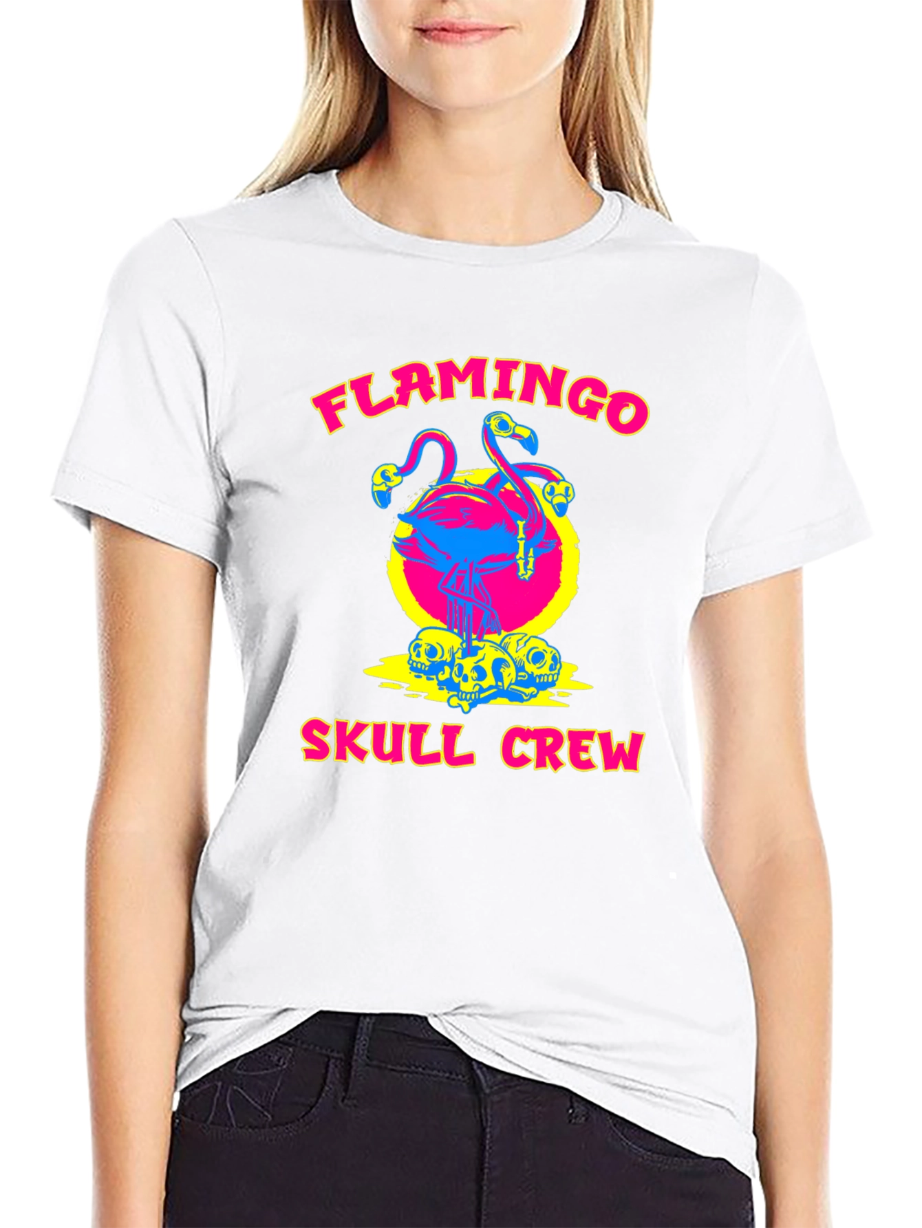 Flamingo Skull Crew Black Graphic Tee