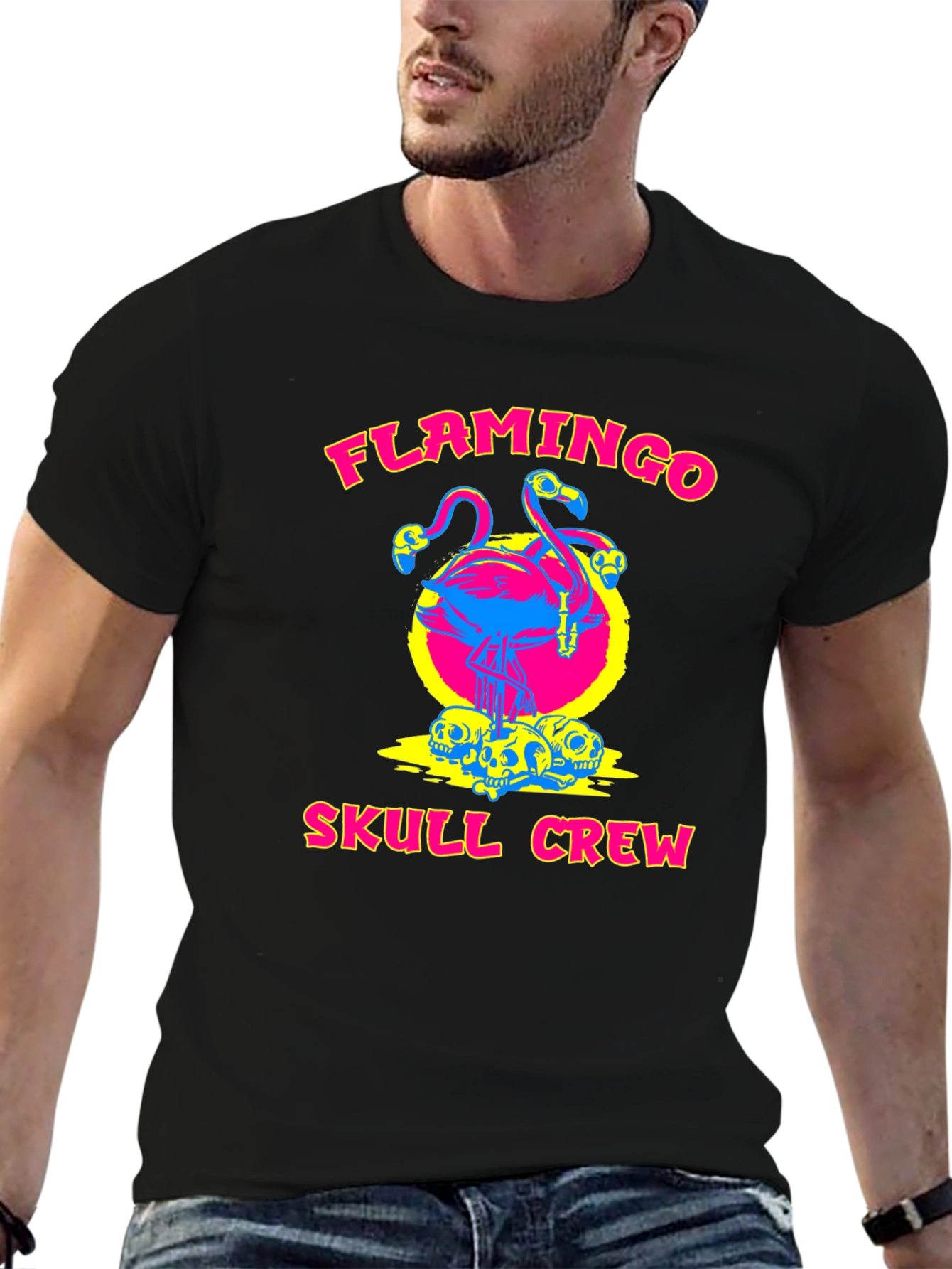 Flamingo Skull Crew Black Graphic Tee