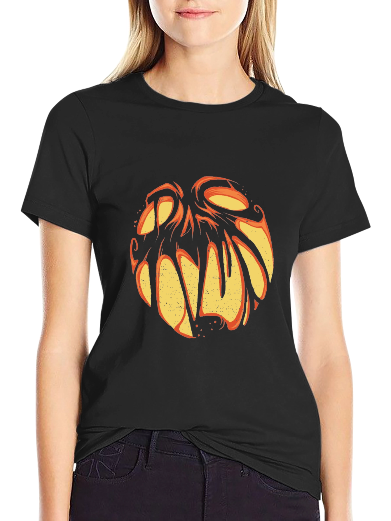 Halloween Pumpkin Face Graphic Tee - Black