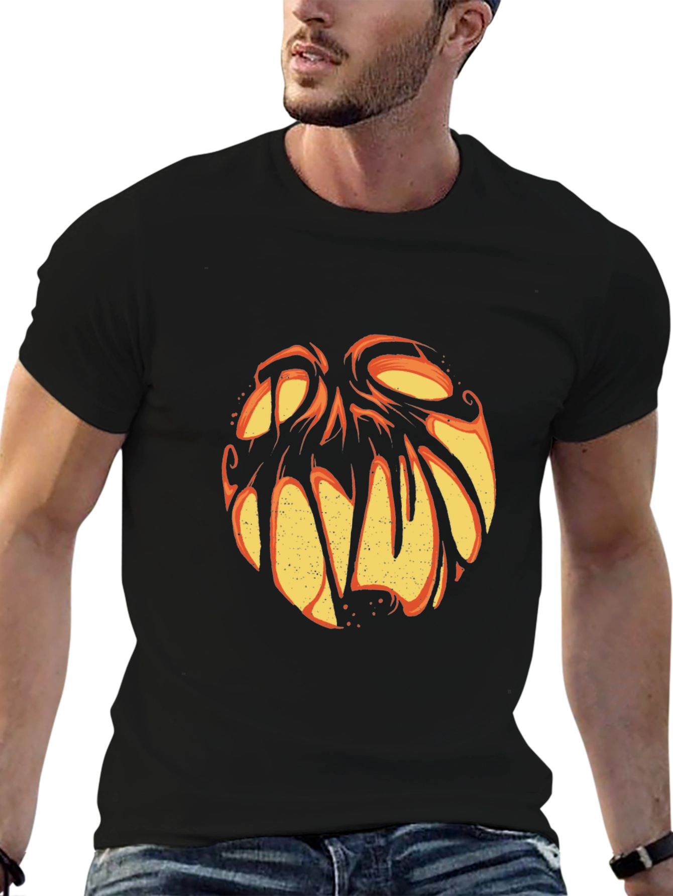 Halloween Pumpkin Face Graphic Tee - Black