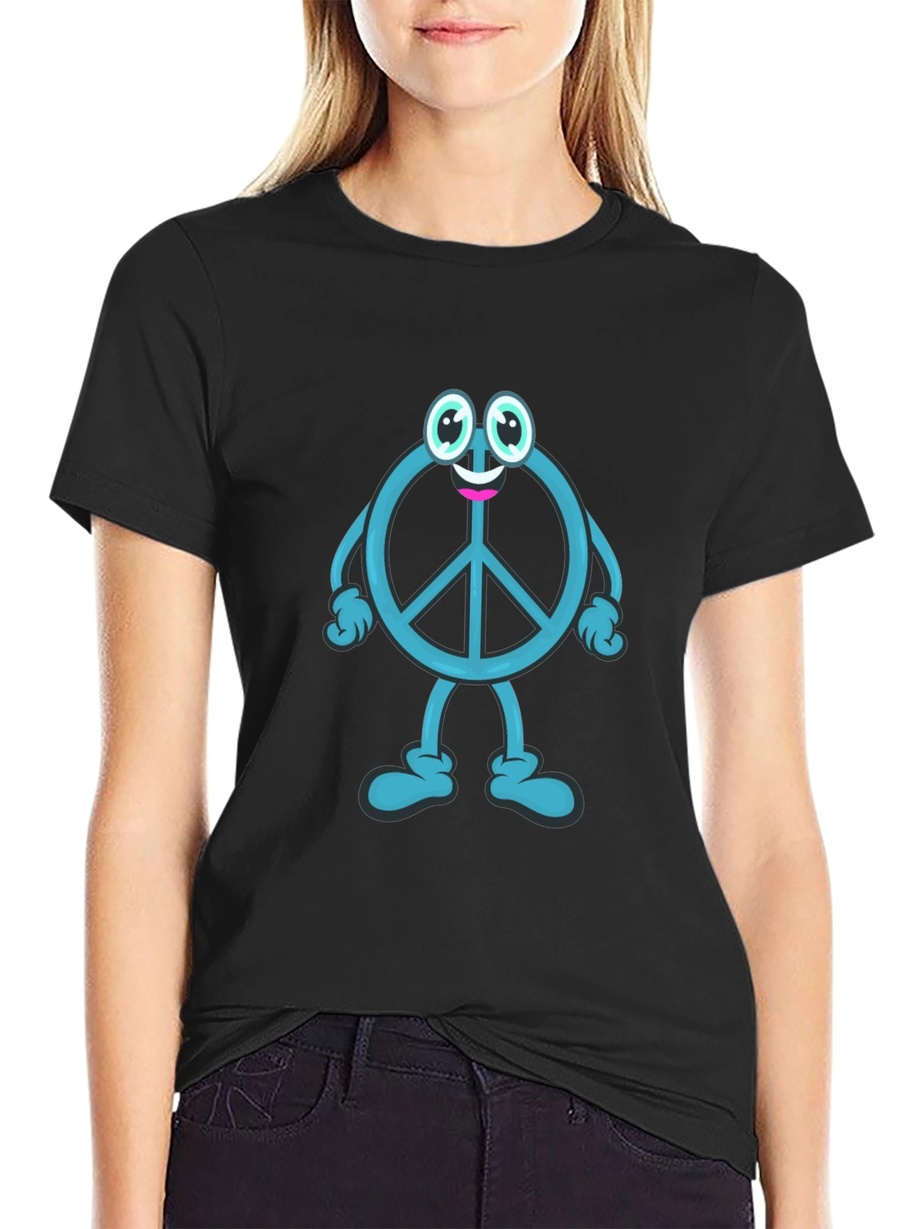 Peace Sign Cartoon Graphic T-Shirt - Black