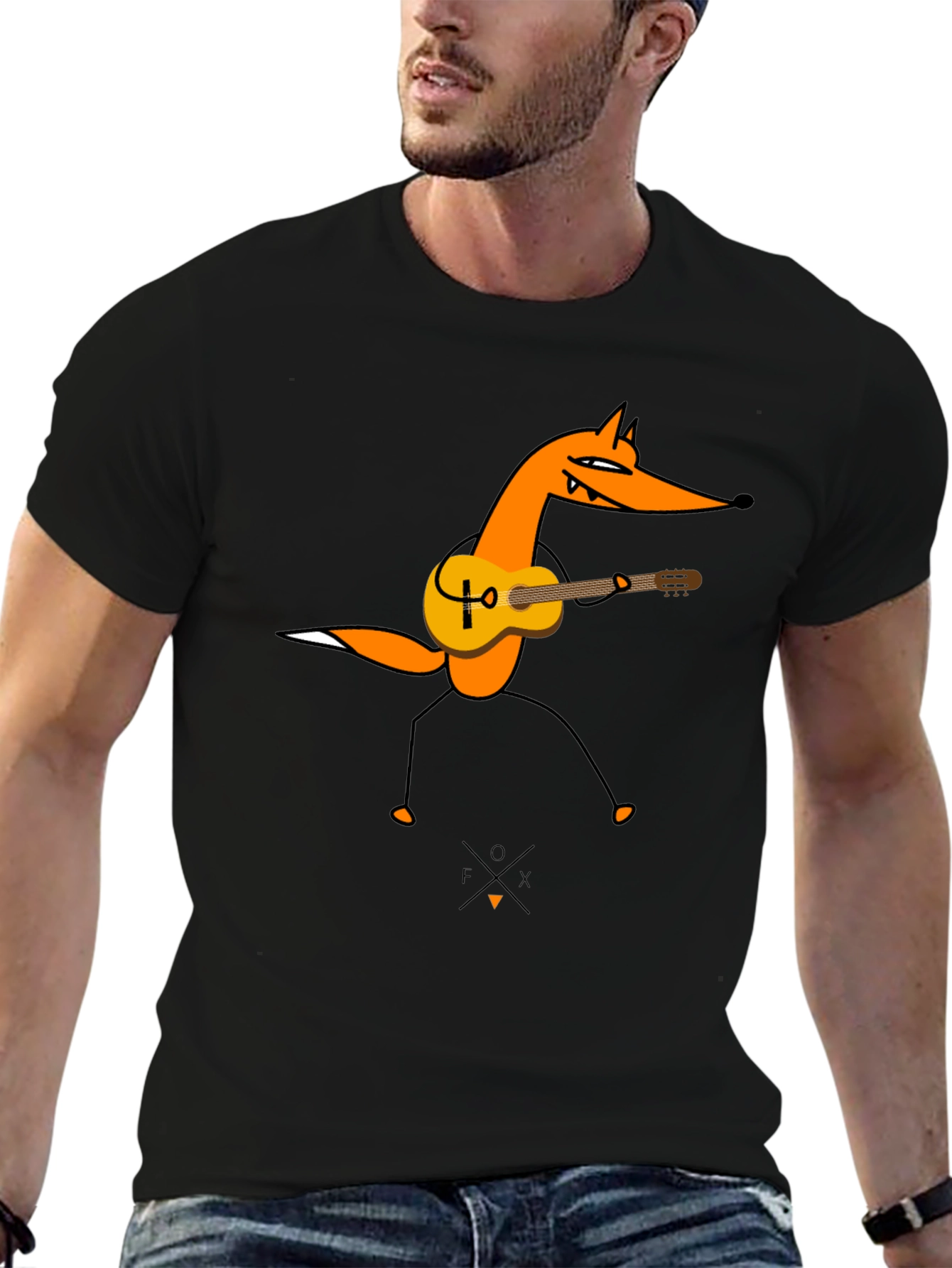 Guitar Fox Graphic Tee - Black Cotton T-Shirt