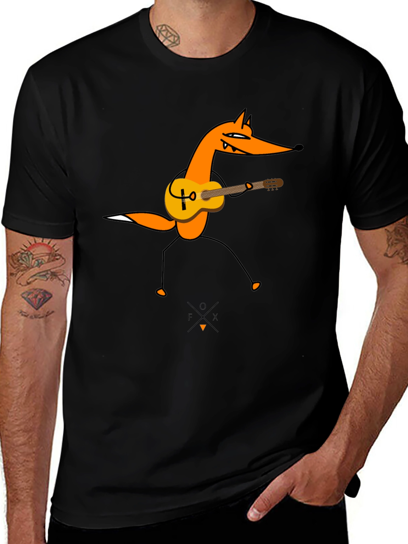Guitar Fox Graphic Tee - Black Cotton T-Shirt