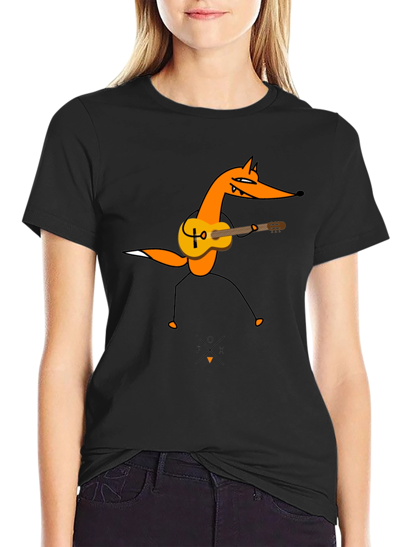 Guitar Fox Graphic Tee - Black Cotton T-Shirt