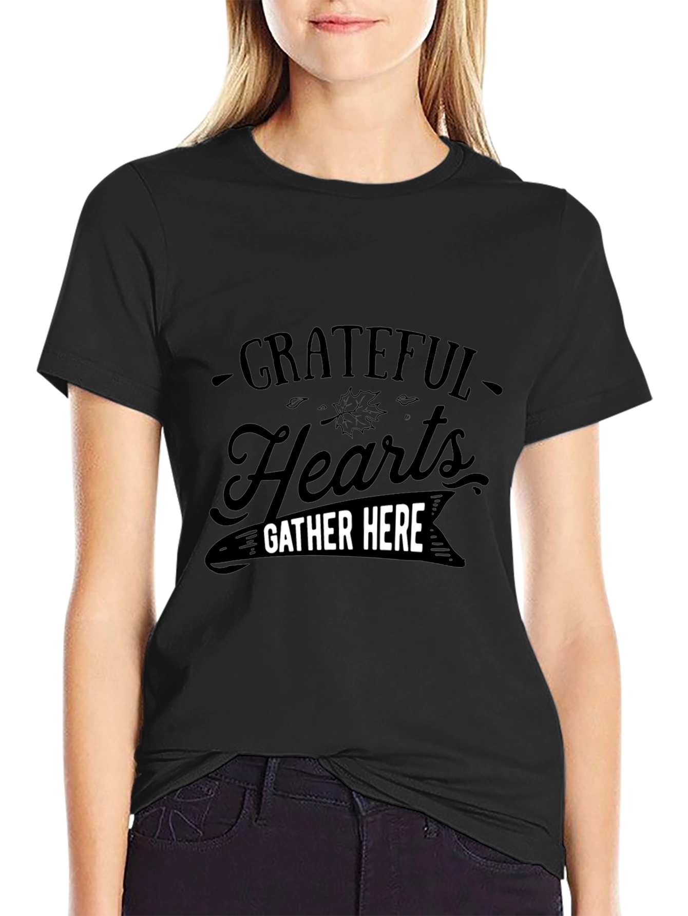 Grateful Hearts Gather Here Black T-Shirt