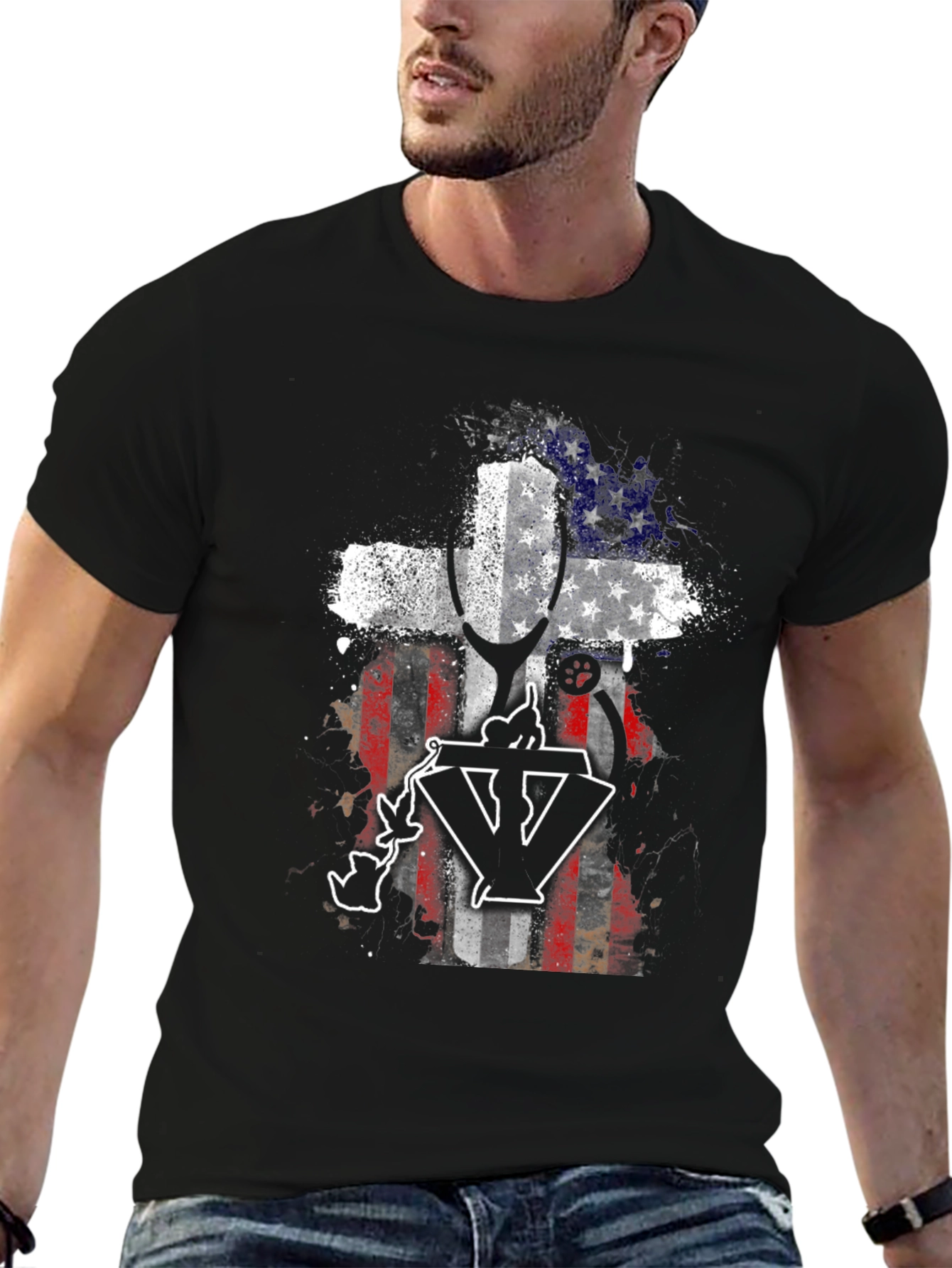 Patriotic Vet T-Shirt - USA Flag Cross Design
