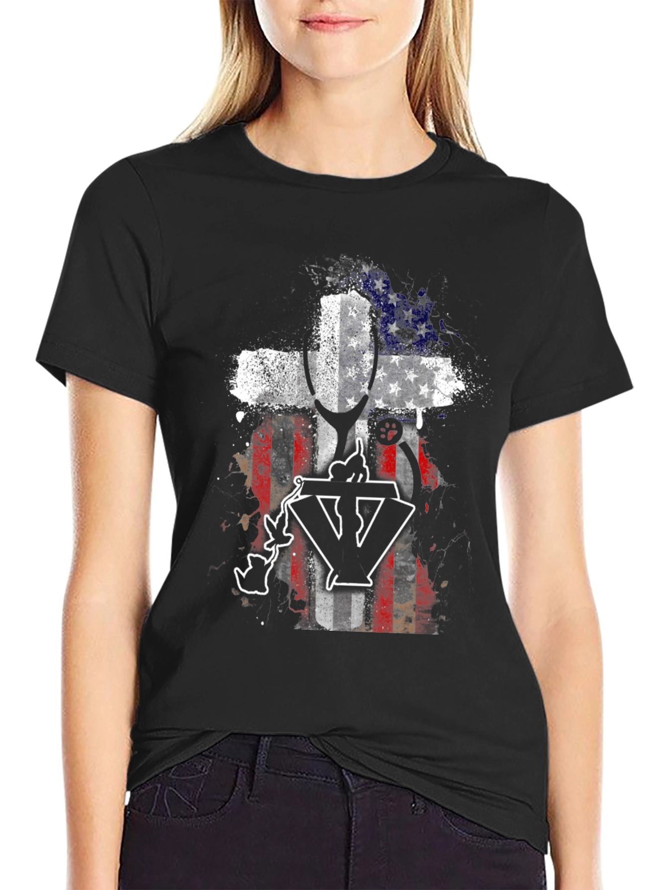 Patriotic Vet T-Shirt - USA Flag Cross Design
