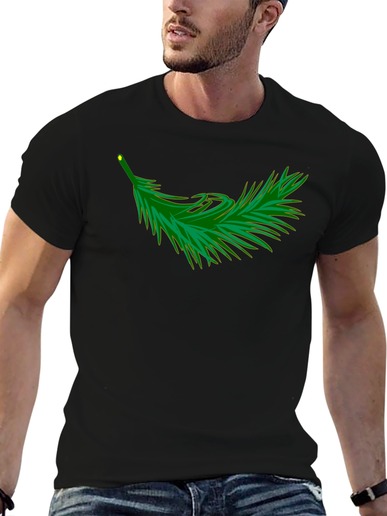 Black T-Shirt with Evergreen Branch Design