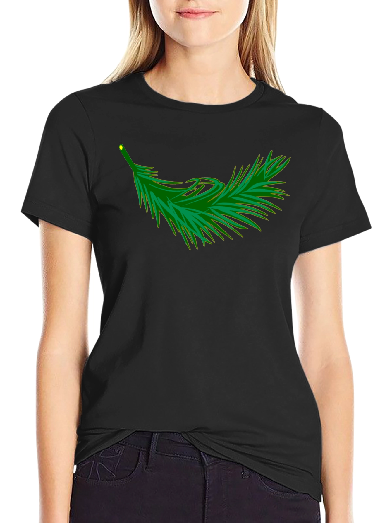 Black T-Shirt with Evergreen Branch Design
