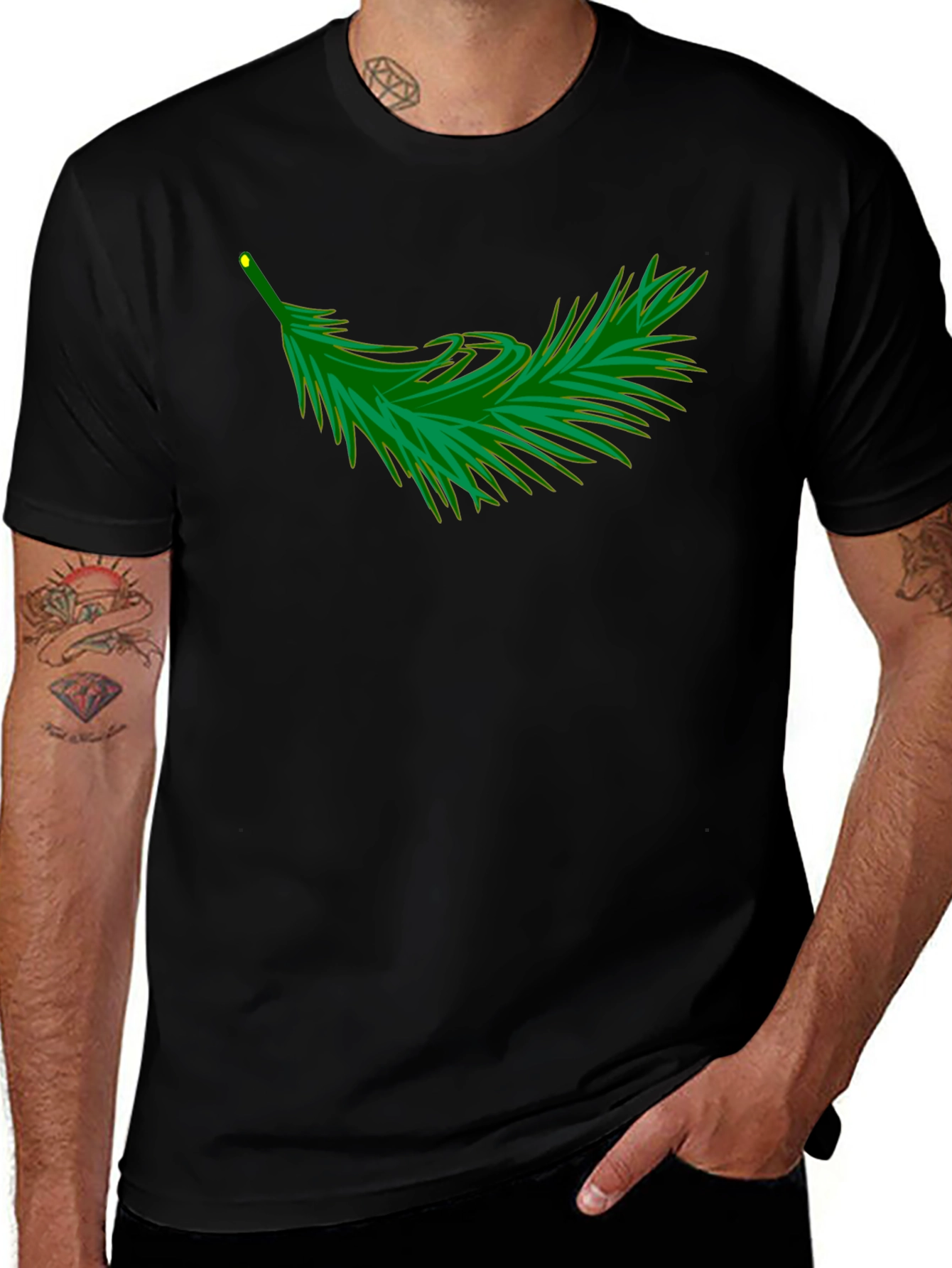 Black T-Shirt with Evergreen Branch Design
