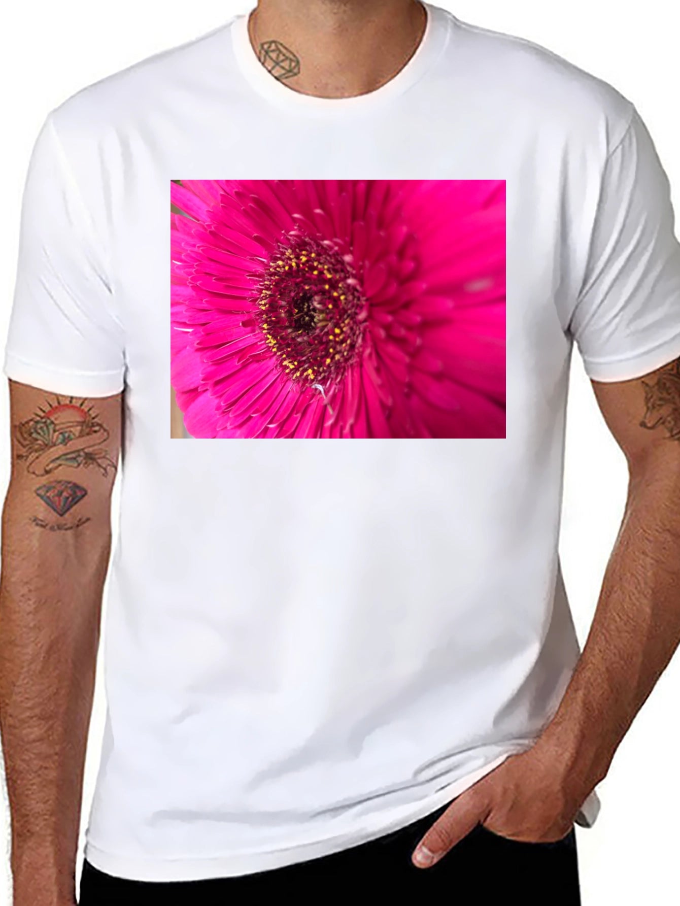 Pink Flower Graphic Black T-Shirt