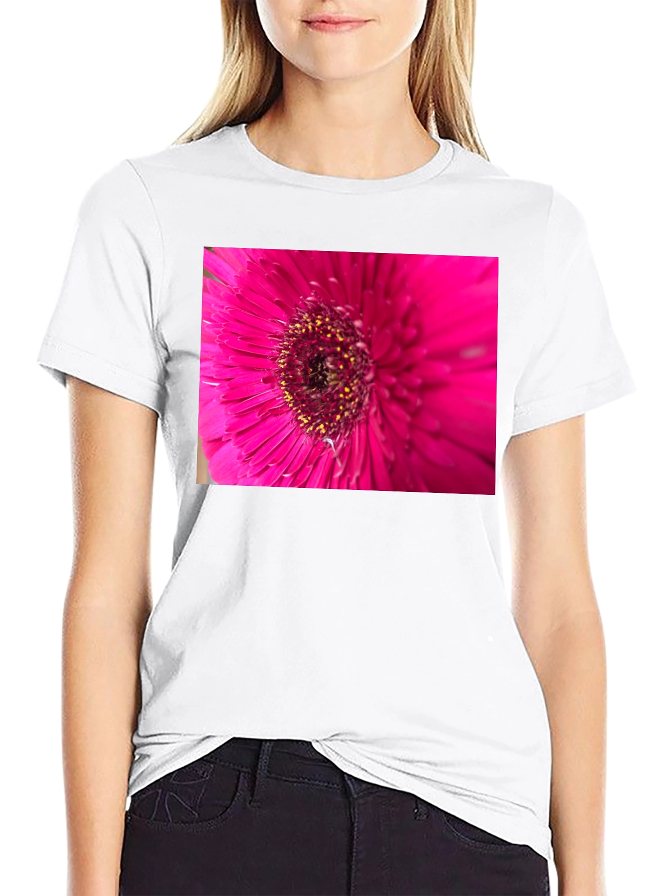Pink Flower Graphic Black T-Shirt