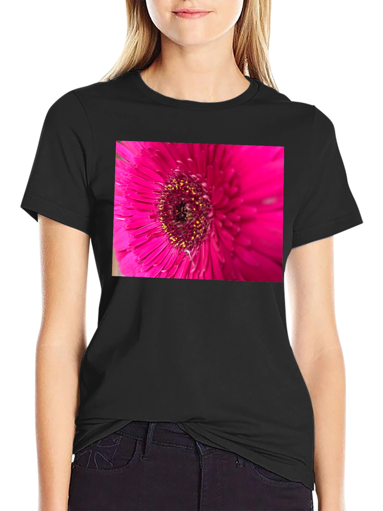 Pink Flower Graphic Black T-Shirt