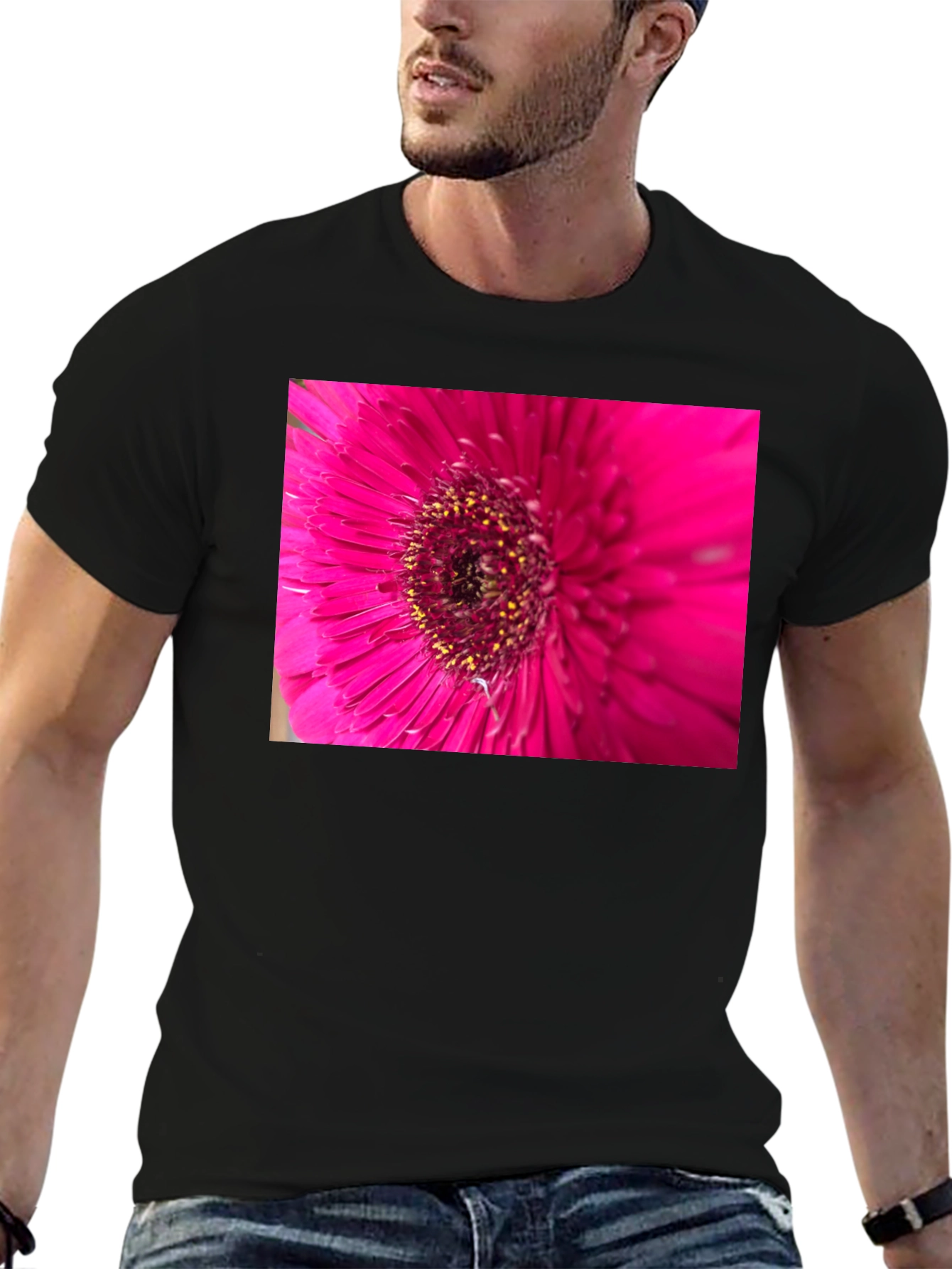 Pink Flower Graphic Black T-Shirt