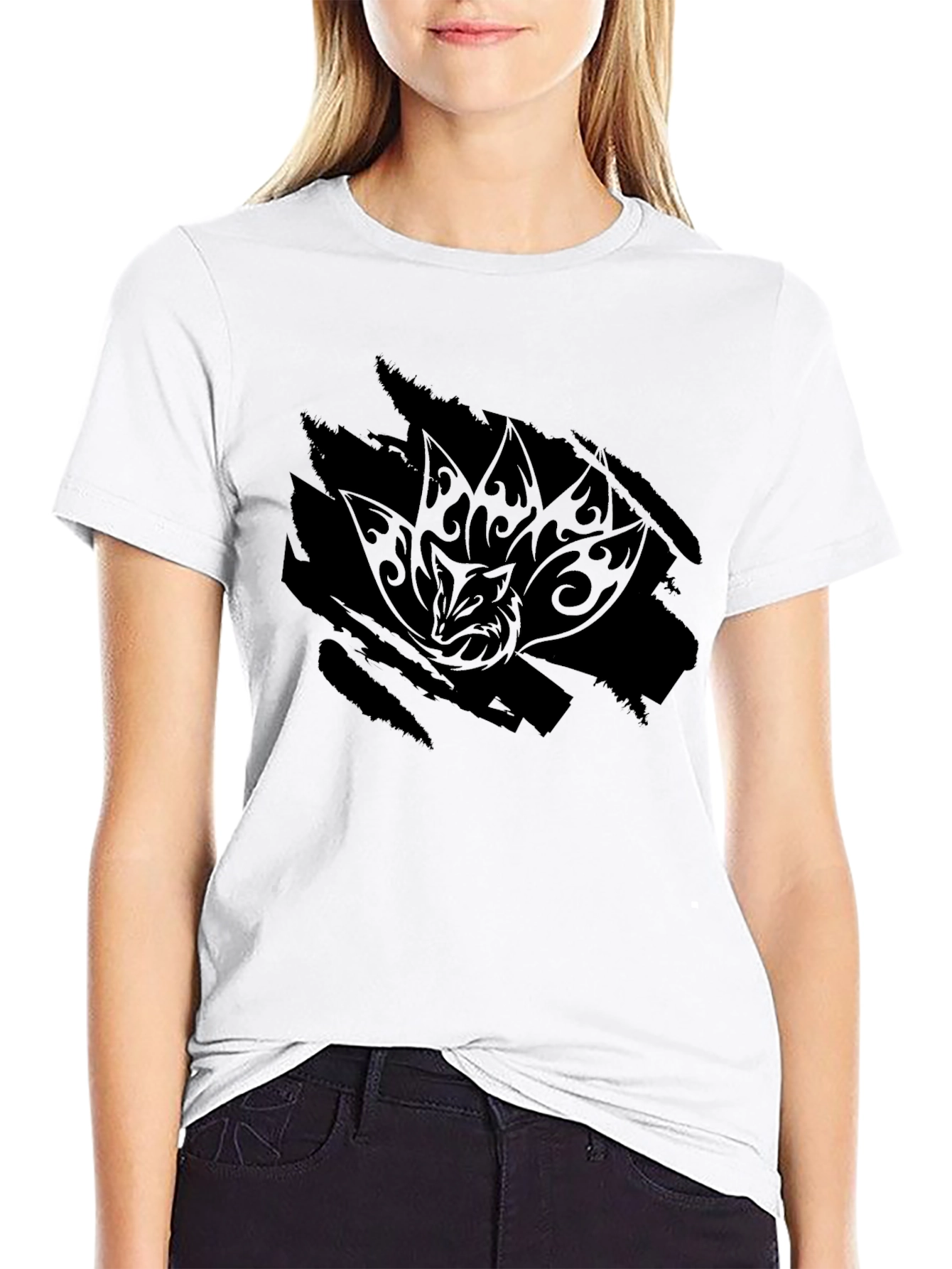 Mens Black Graphic Tee - Tribal Fox Design