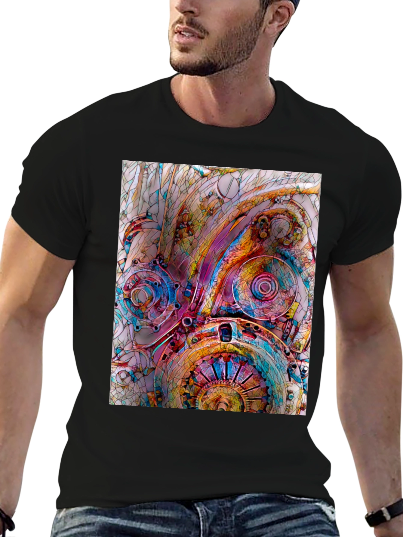 Steampunk Gears Graphic Print Black T-Shirt