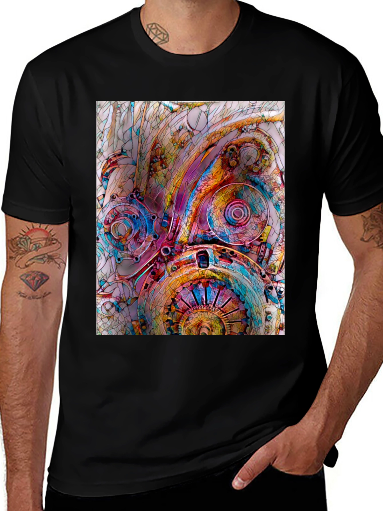 Steampunk Gears Graphic Print Black T-Shirt