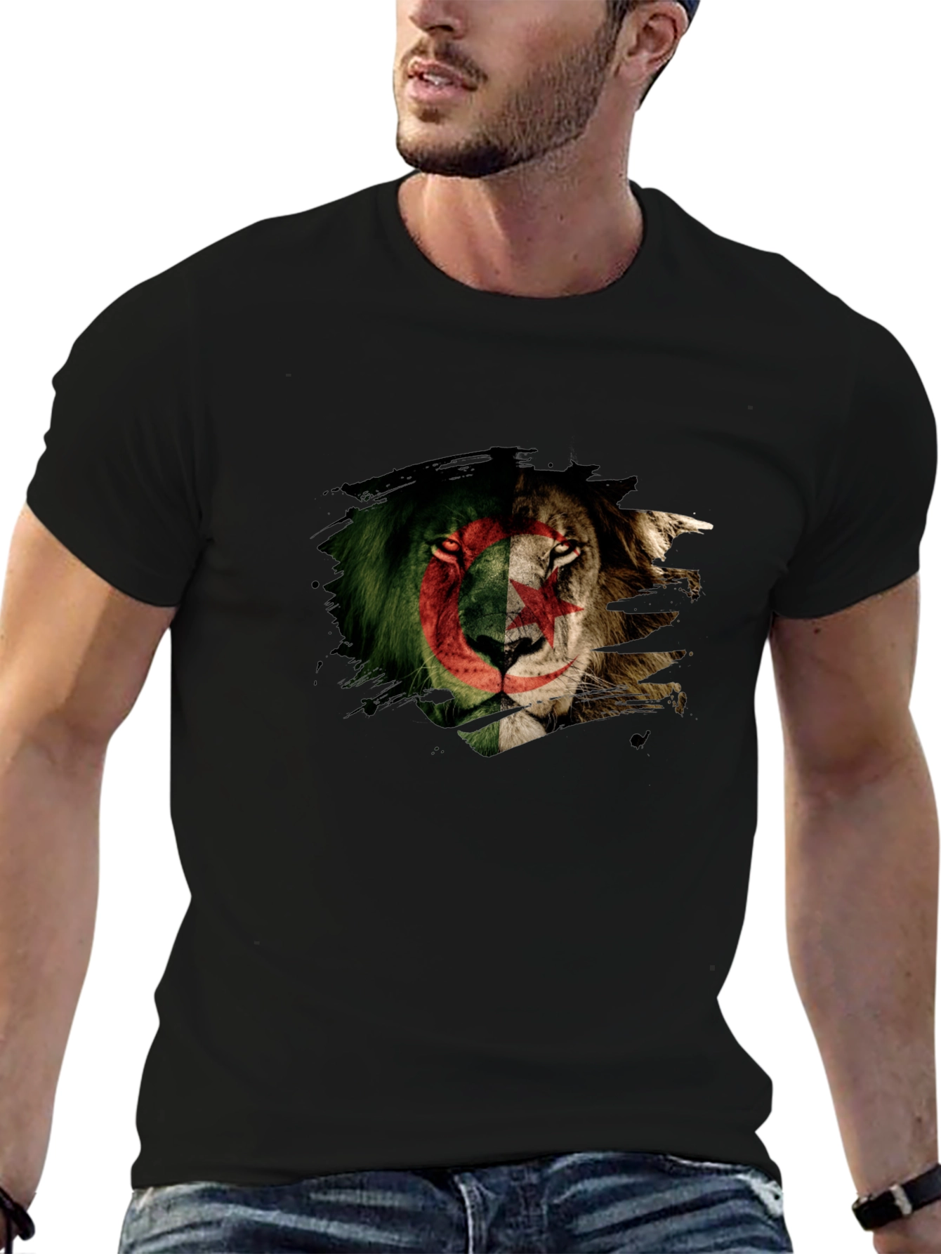 Algeria Flag Lion Graphic Black T-Shirt