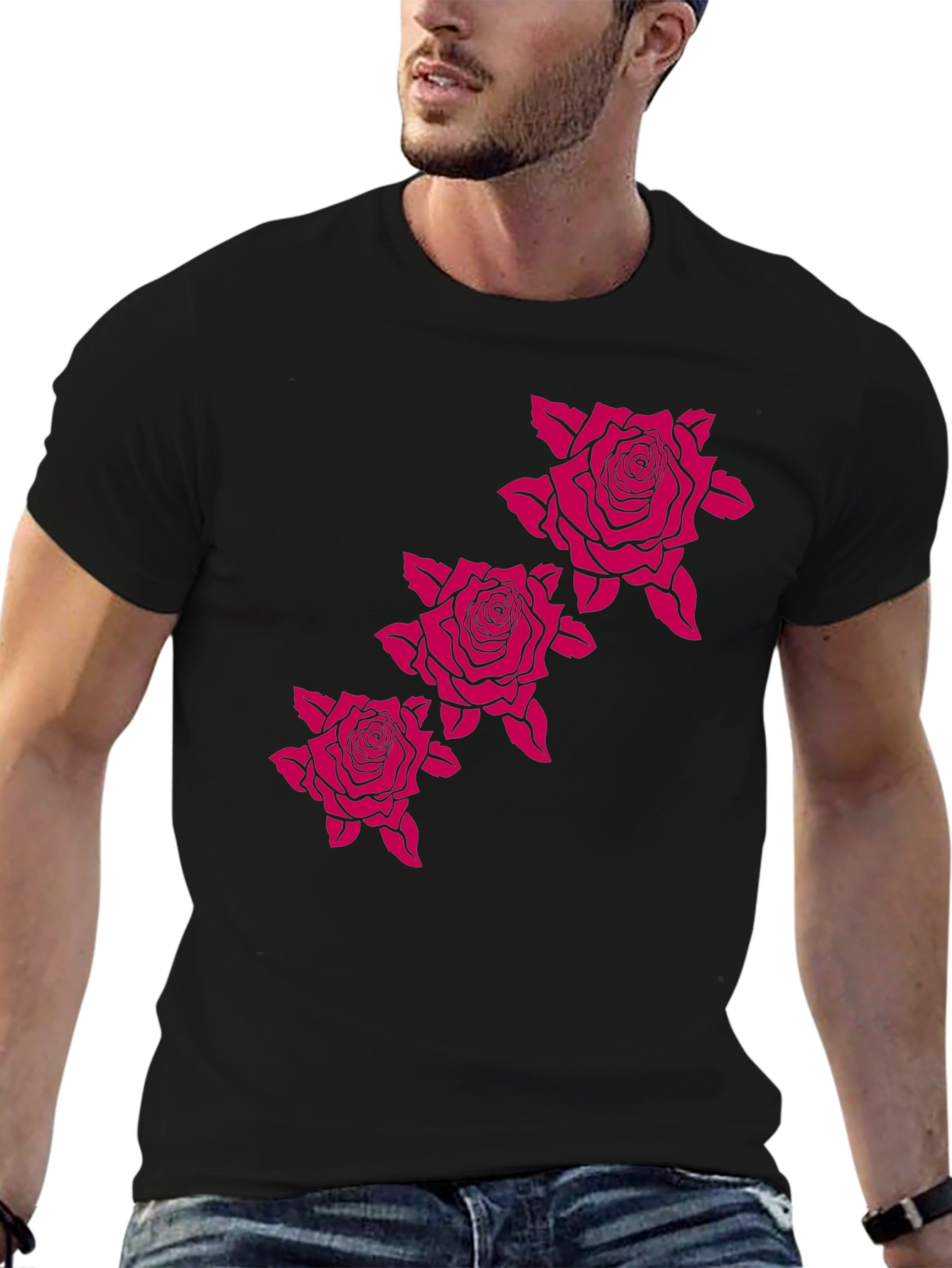 Mens Black Tee with Rose Graphic