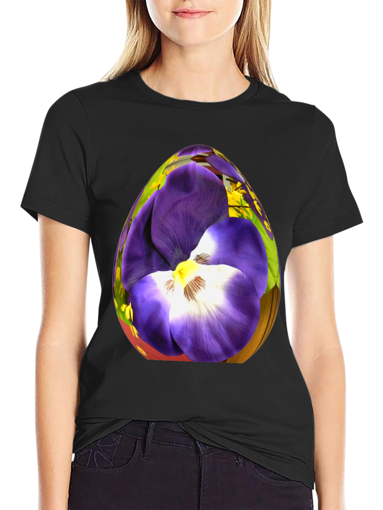 Floral Egg Graphic Black T-Shirt