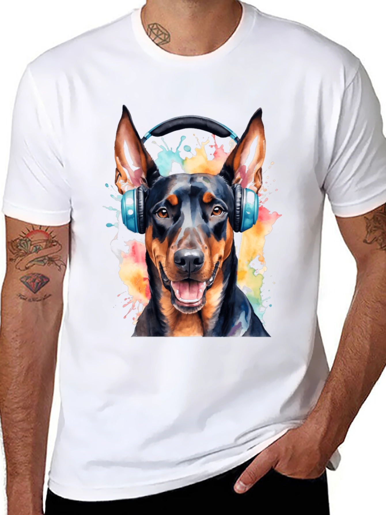 Dog with Headphones Black T-Shirt