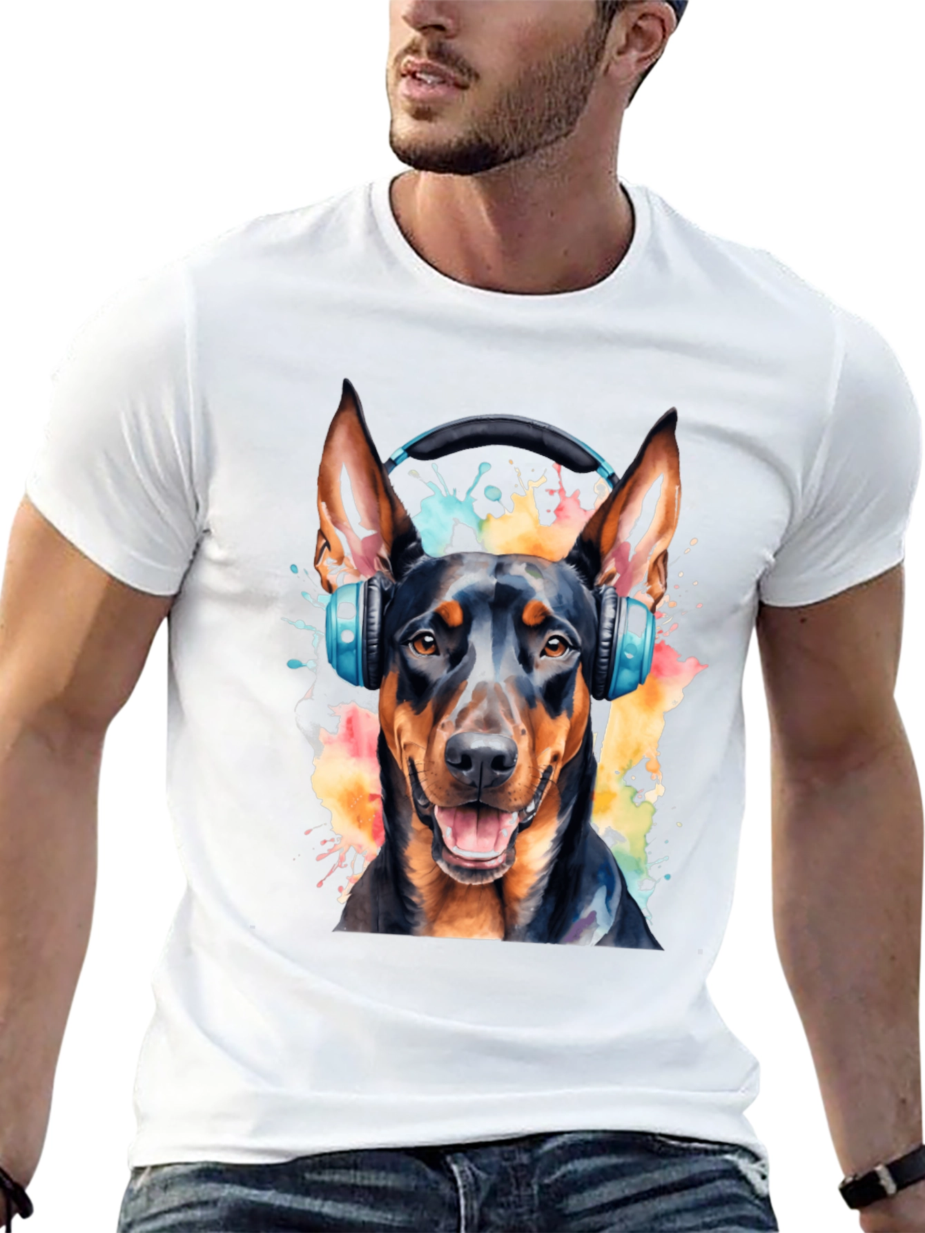 Dog with Headphones Black T-Shirt