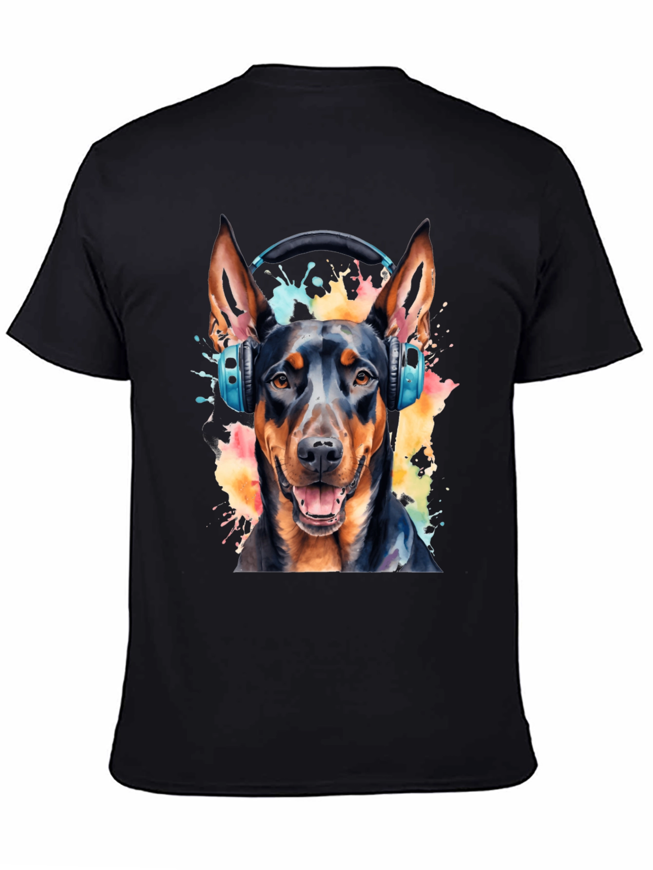 Dog with Headphones Black T-Shirt