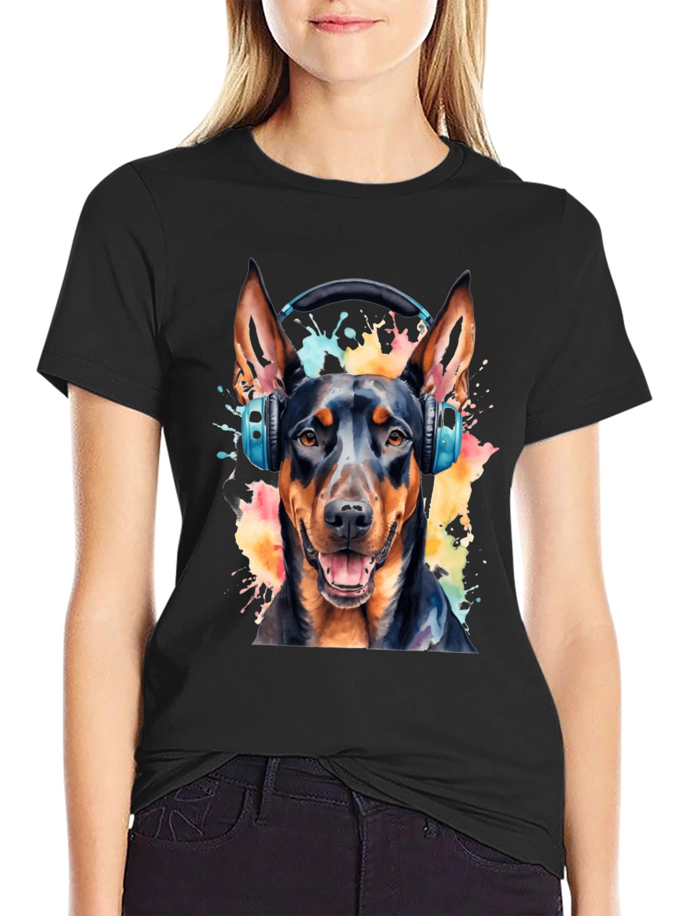 Dog with Headphones Black T-Shirt