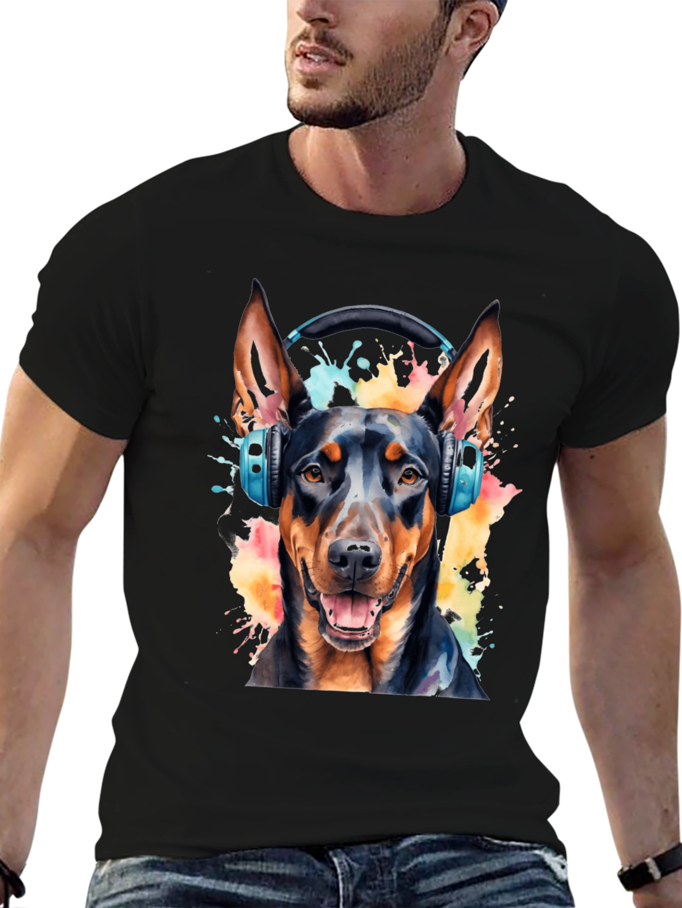 Dog with Headphones Black T-Shirt