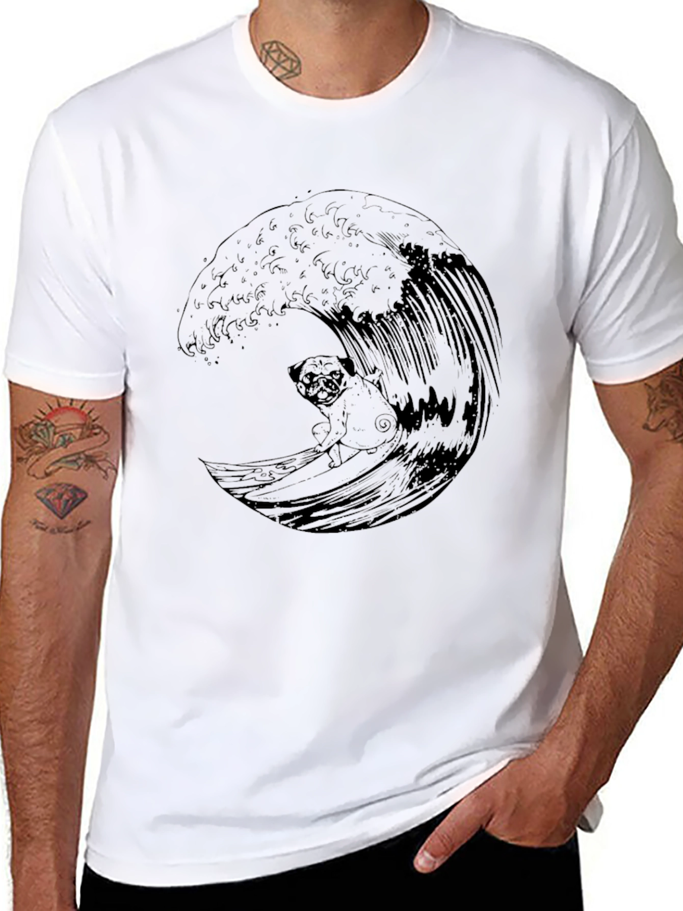 Surfing Pug Graphic Tee - Cool Wave Design