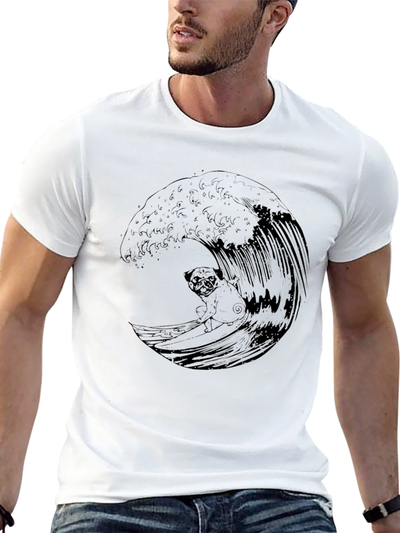 Surfing Pug Graphic Tee - Cool Wave Design