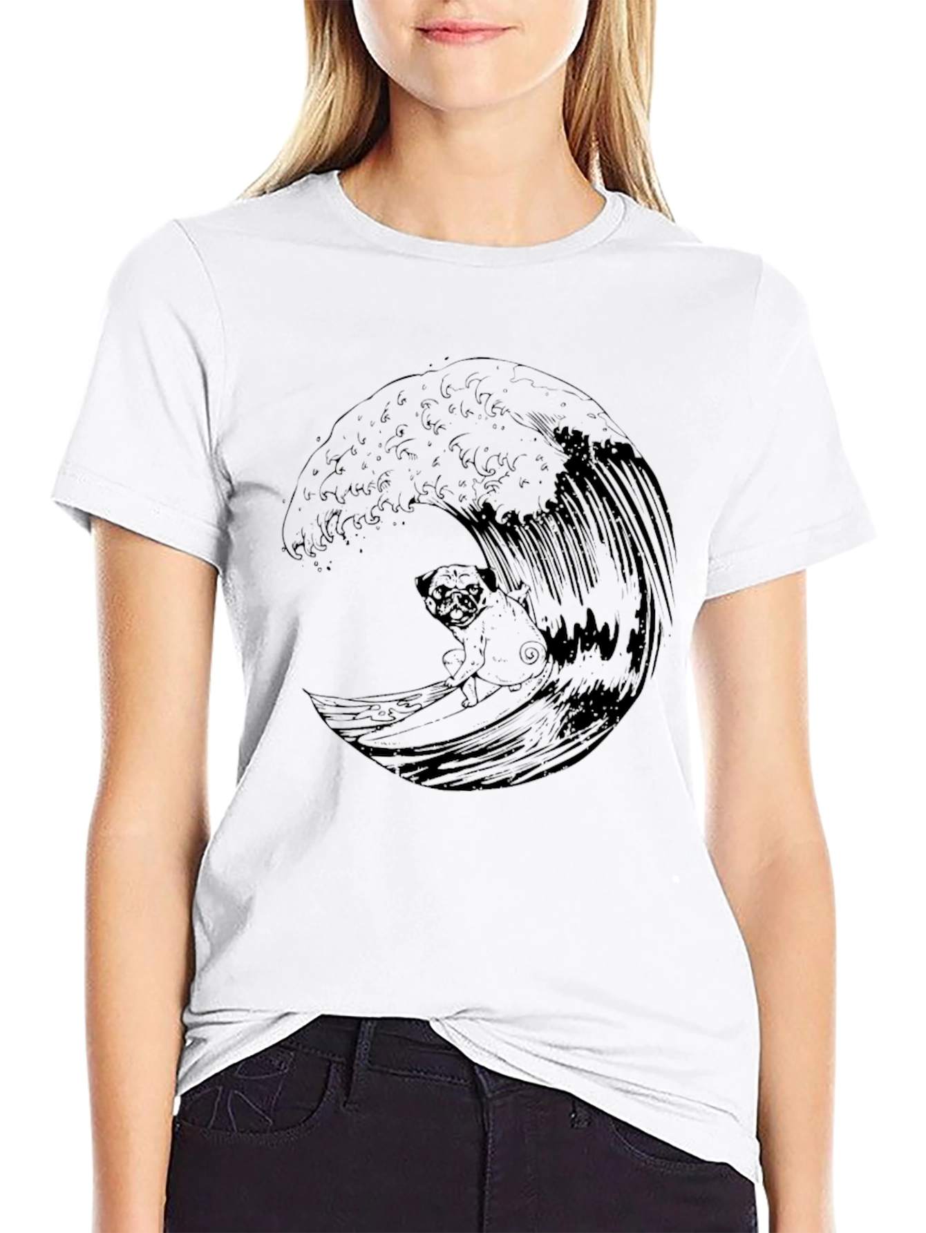 Surfing Pug Graphic Tee - Cool Wave Design